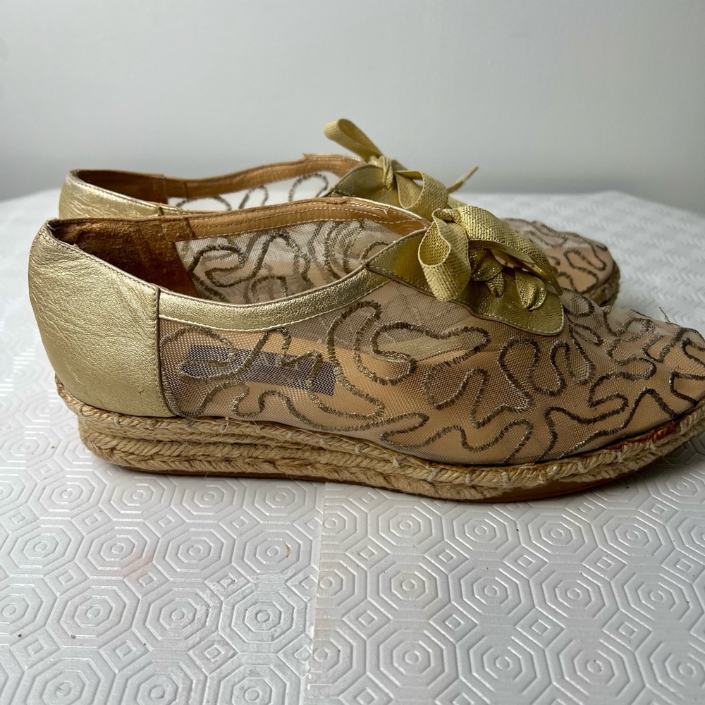 Stuart Weitzman espadrilles. gold or tan organza mesh lace-up style.